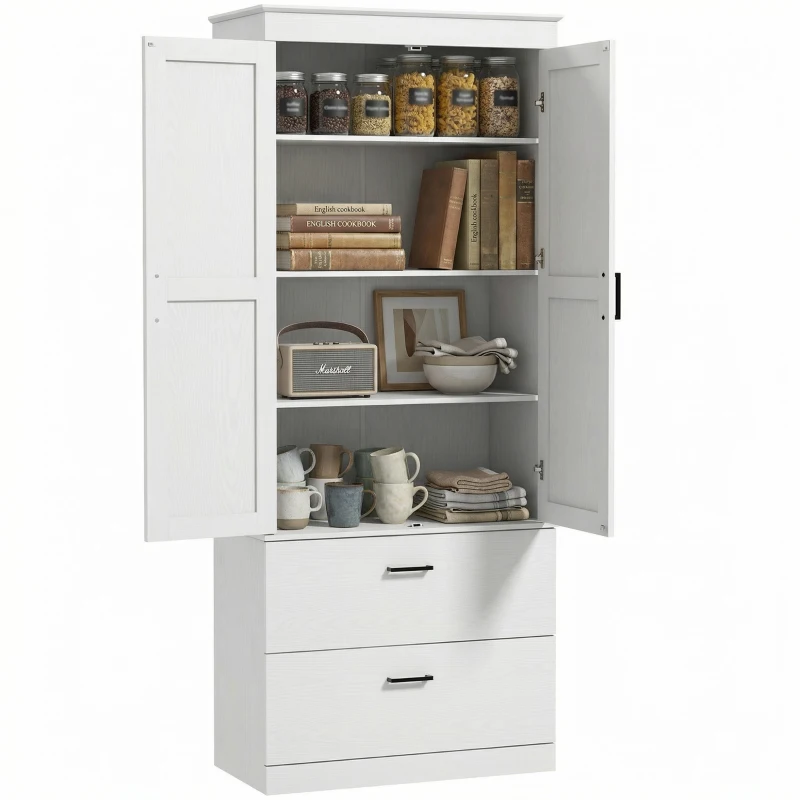 Szafka kuchenna, wysoka, regulowane półki, 2 szuflady, kremowa