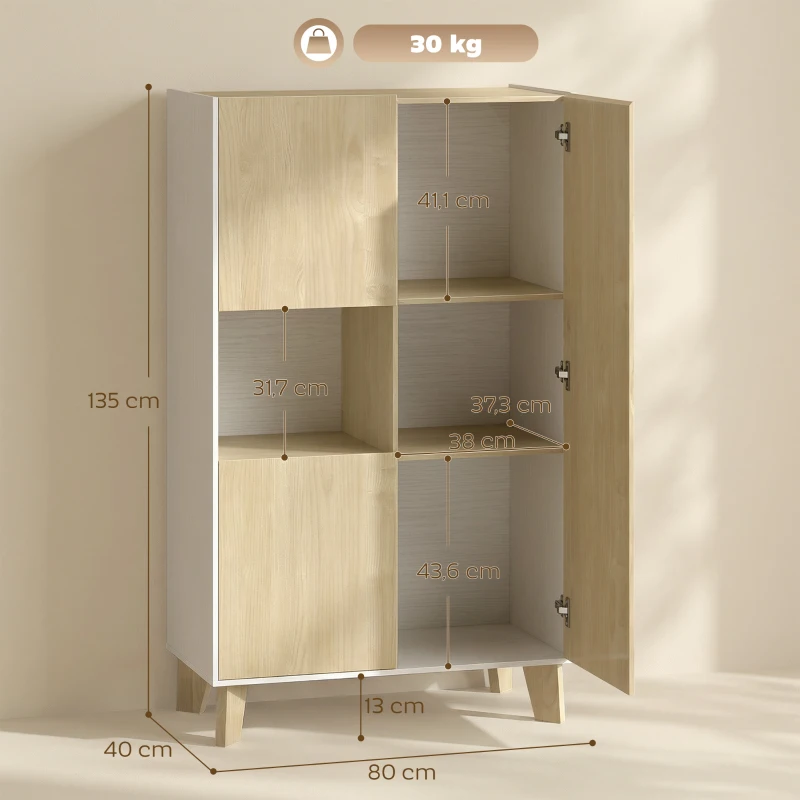 HOMCOM Buffet para Sala Móvel de Arrumação com 6 Compartimentos e Portas com Fecho Amortecido 80x40x135 cm Branco e Madeira Natural