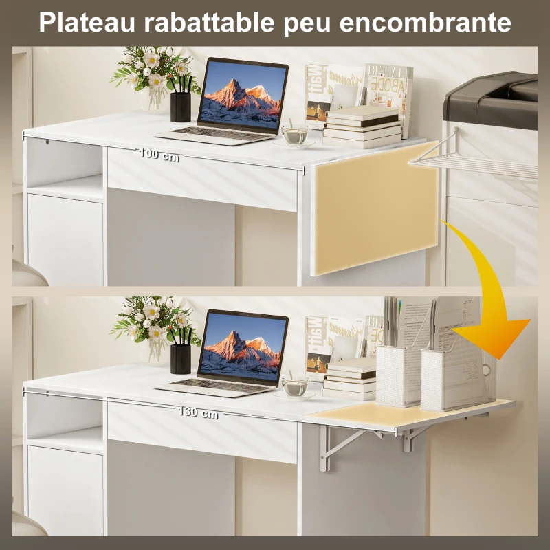 HOMCOM Bureau d'ordinateur sur roulettes, table informatique avec abattant, tiroir, placard et compartiment, 130 x 58 cm, blanc