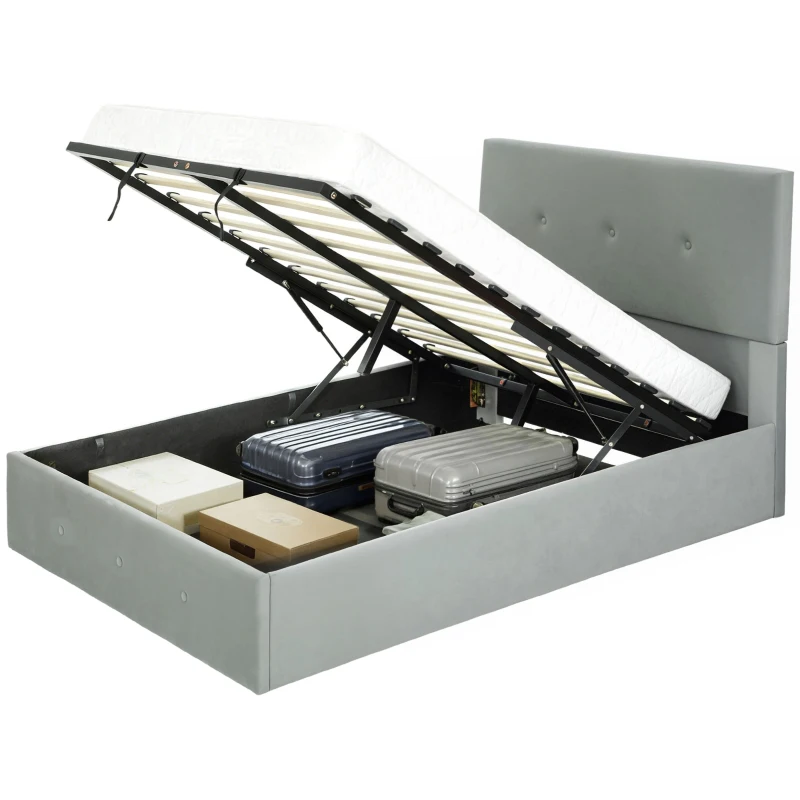 HOMCOM Letto Contenitore con Spazio a Scomparsa e Testiera Vellutata a Trapunta, in Legno e Metallo, 195x141x106 cm, Grigio