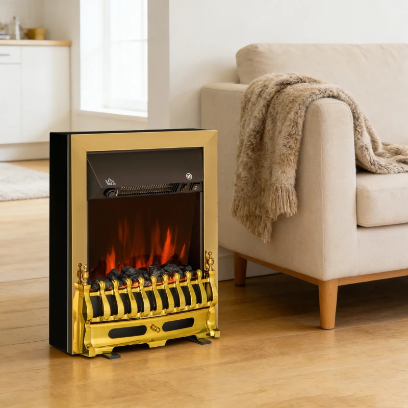 HOMCOM Camino Elettrico da Terra 1000/2000 W Effetto Fiamma LED, Caminetto Elettrico con Protezione da Surriscaldamento e Ribaltamento, Riscaldamento Regolabile, Oro