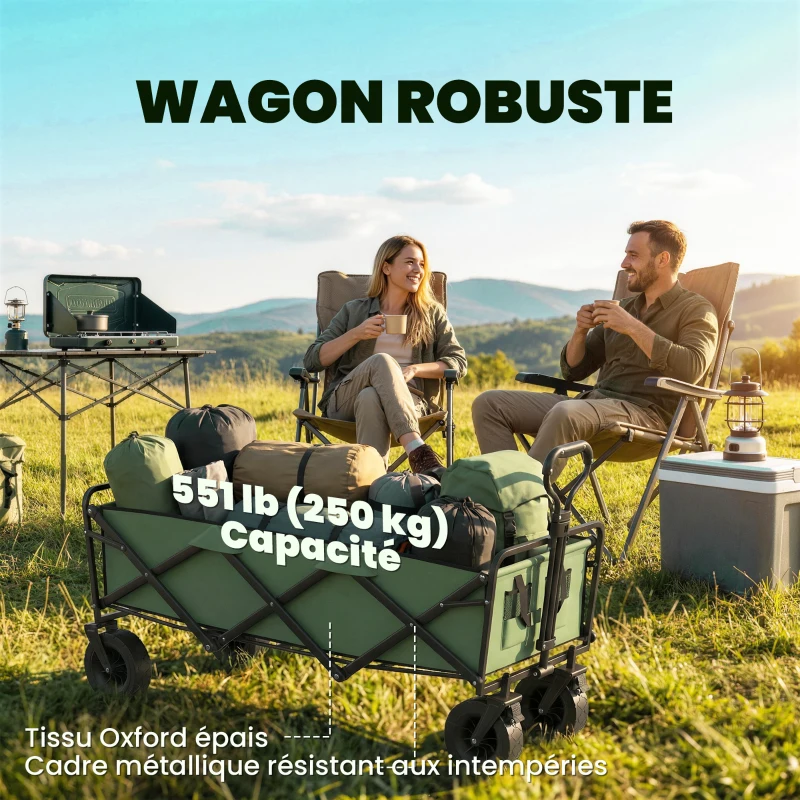 Outsunny Chariot de Jardin Pliable 130L avec Roues, Remorque Robuste avec Freins, Poignée Réglable, vert
