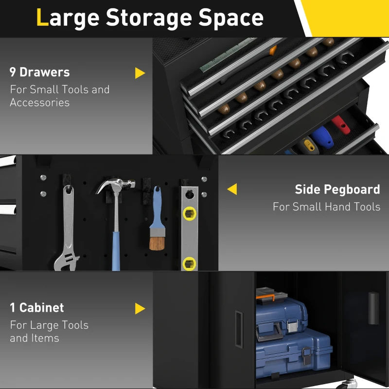 HOMCOM 3-w-1 Skrzynka na narzędzia, jezdna szafka na narzędzia z 4 kołami, zamykana skrzynka na narzędzia z 9 szufladami, stal, czarna