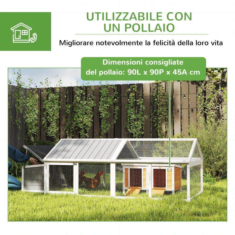 PawHut Pollaio da Giardino per 4-8 Galline in Legno con Rete Metallica e Tetto Apribile, 240x112.5x76 cm, Bianco