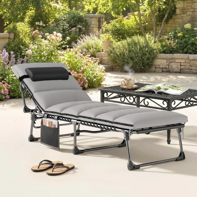 Outsunny Transat pliant portable pour jardin avec dossier réglable sur 5 positions, matelas rembourré, appui-tête