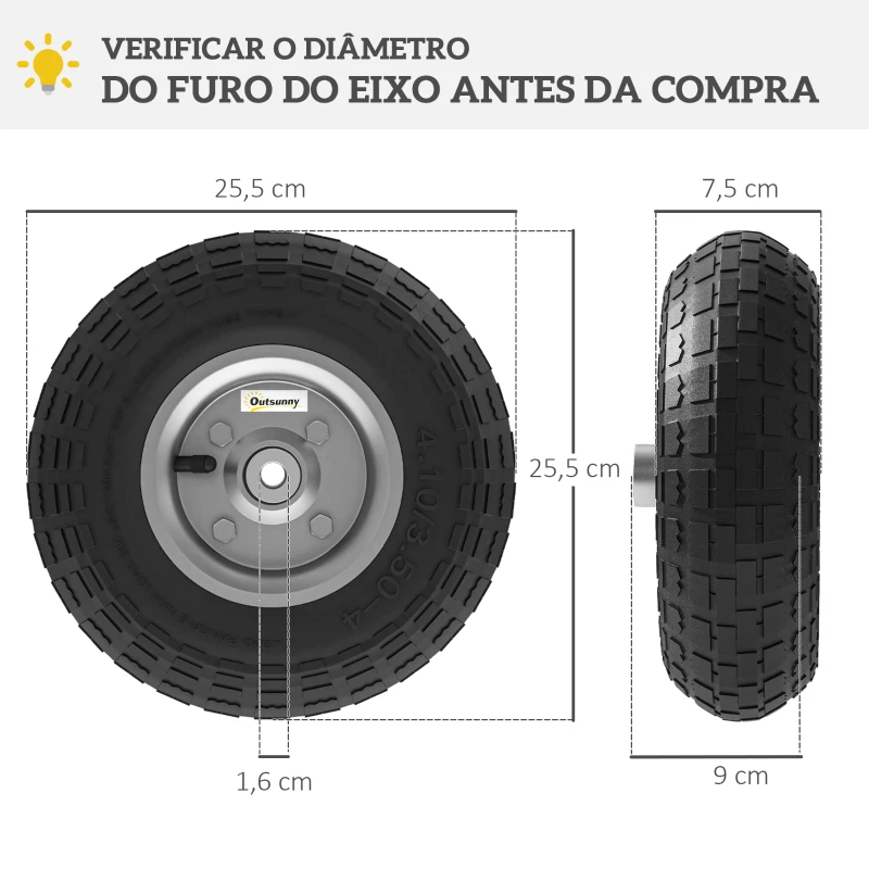 Outsunny Conjunto de 4 Rodas para Carrinho Pneus de Borracha Ø255 x 75 mm Eixo de 16 mm Carga 80 kg Preto