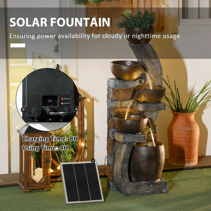 Outsunny Fontanna Ogrodowa, Styl Ceglanym, 5-stopniowa, Zasilana Słonecznie, Diodami LED, 107cm, Żywica Syntetyczna, Szary/Brąz