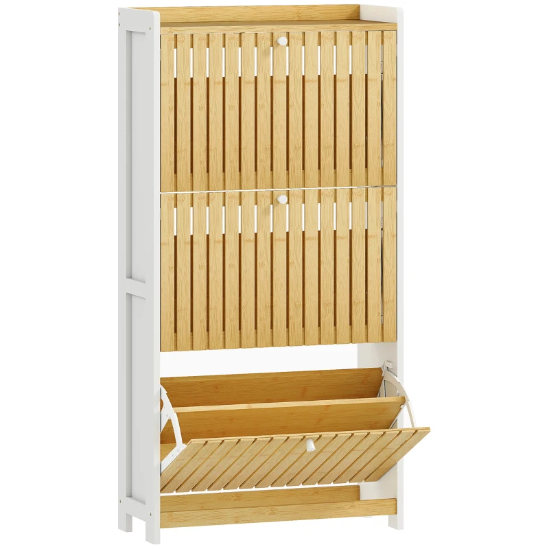HOMCOM Meuble à chaussures 18 paires avec 3 tiroirs rabattables, portes en bambou à lattes, 60x24x118cm, blanc et bois naturel