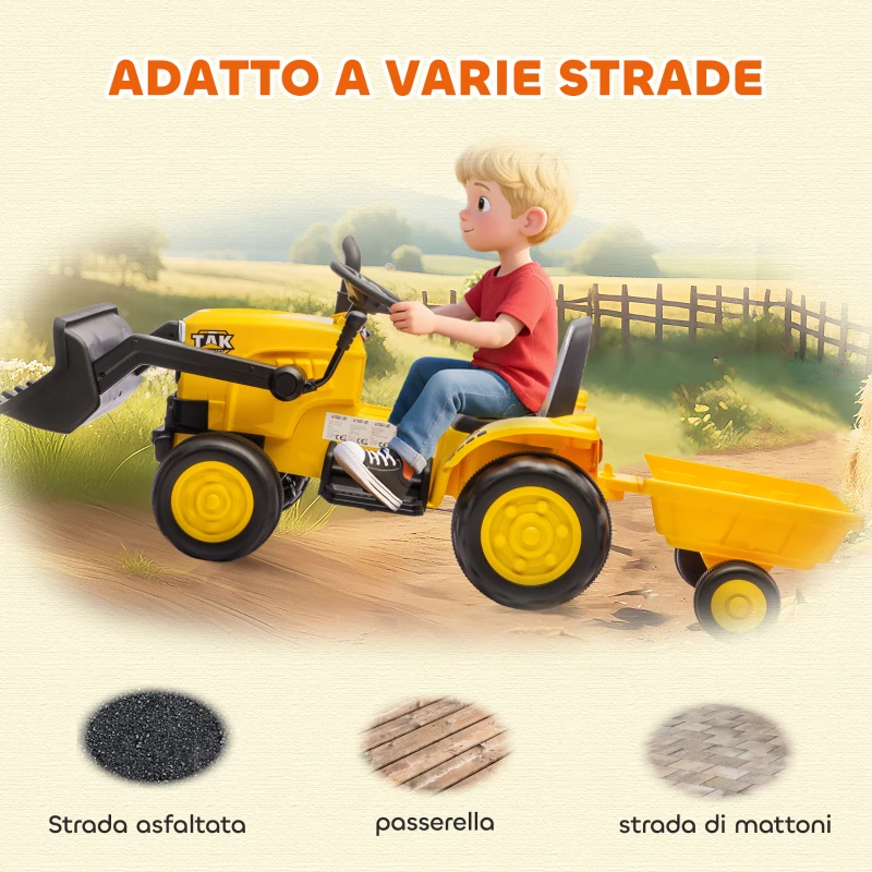 AIYAPLAY Escavatore per Bambini Elettrico 12V con Benna, Rimorchio e Telecomando, Età 3-8 Anni, Giallo