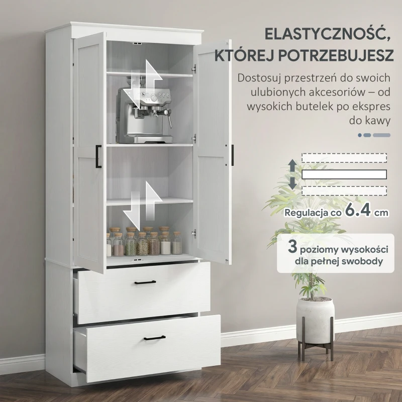 Szafka kuchenna, wysoka, regulowane półki, 2 szuflady, kremowa