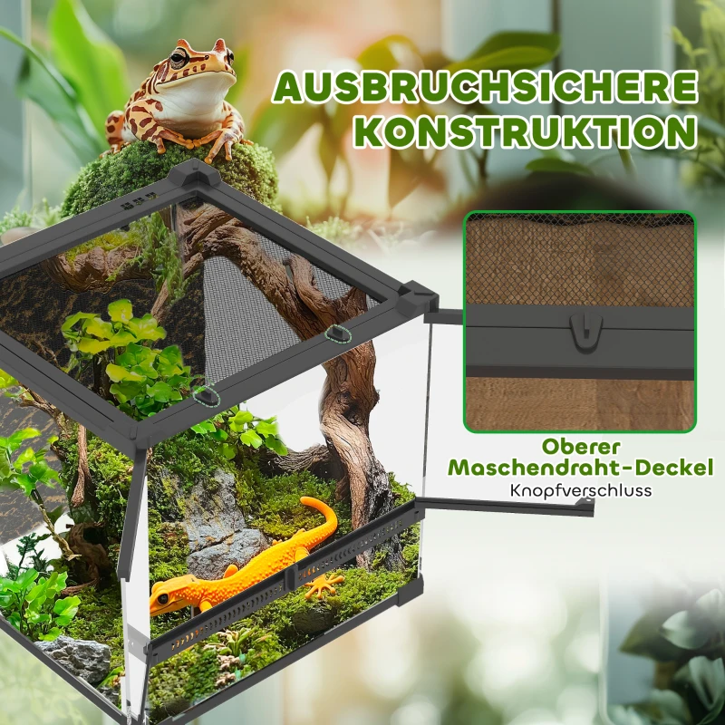 PawHut Glas-Terrarium für Reptilien, erhöhter & wasserdichter Boden, Knopfschloss