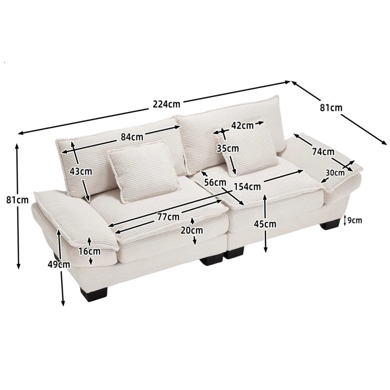 Modernes 2-Sitzer-Stoffsofa, für Wohnzimmer/Schlafzimmer/Büro, 224 x 81 x 81 cm, Beige