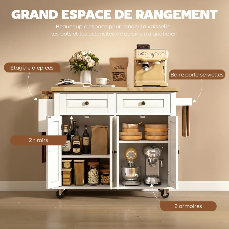 HOMCOM Desserte ilôt de cuisine multi rangements 2 tiroirs 2 placard 2 portes avec étagère range-bouteille porte-torchons et étagère réglable MDF blanc hévéa