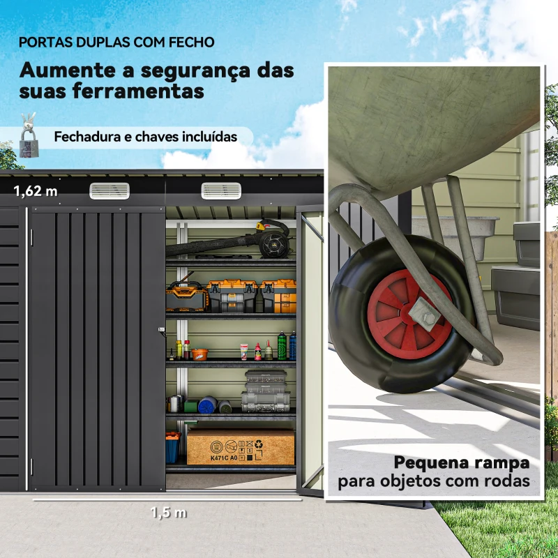 Outsunny Abrigo de Jardim 2,7m² 249x121x183 cm Abrigo de Exterior com Porta Dupla 2 Ventilaç4oes e Trava Abrigo para Pátio Cinza