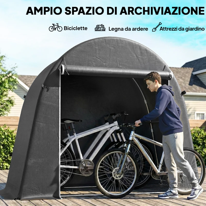 Outsunny Tenda Garage per Biciclette e Attrezzi con Ingresso a Cerniera, in PE e Metallo, 245x120x200 cm, Grigio Scuro