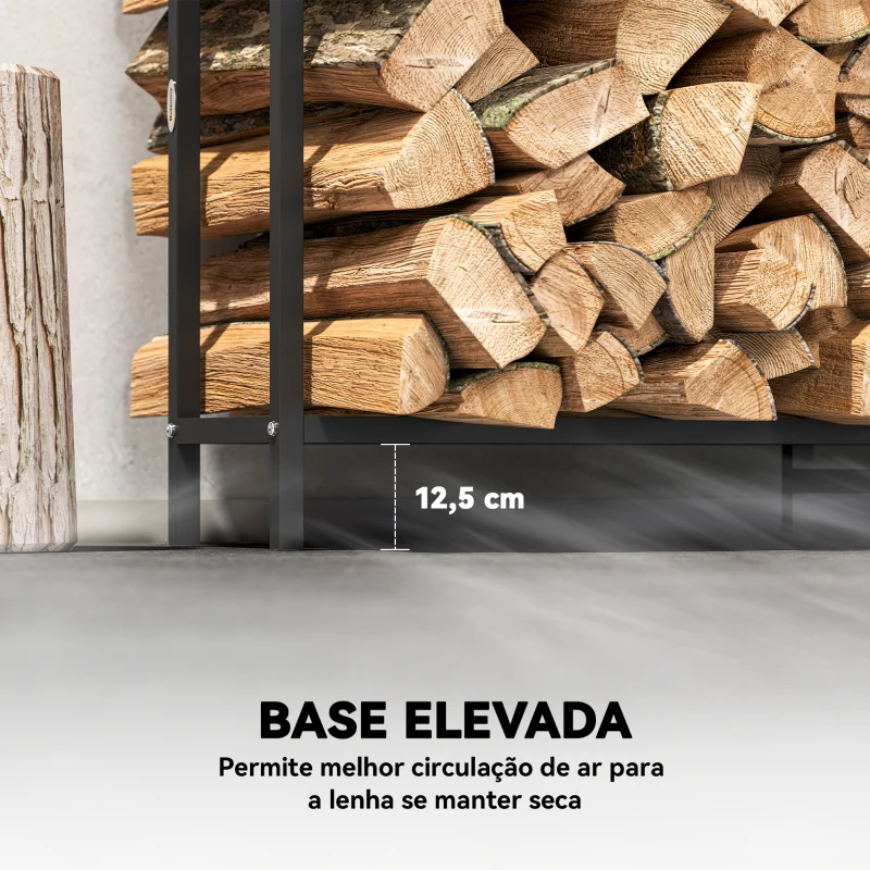 Outsunny Suporte Metálico para Lenha 199x30x121 cm Suporte para Lenha de Exterior com Estrutura de Aço Pés Extra Preto