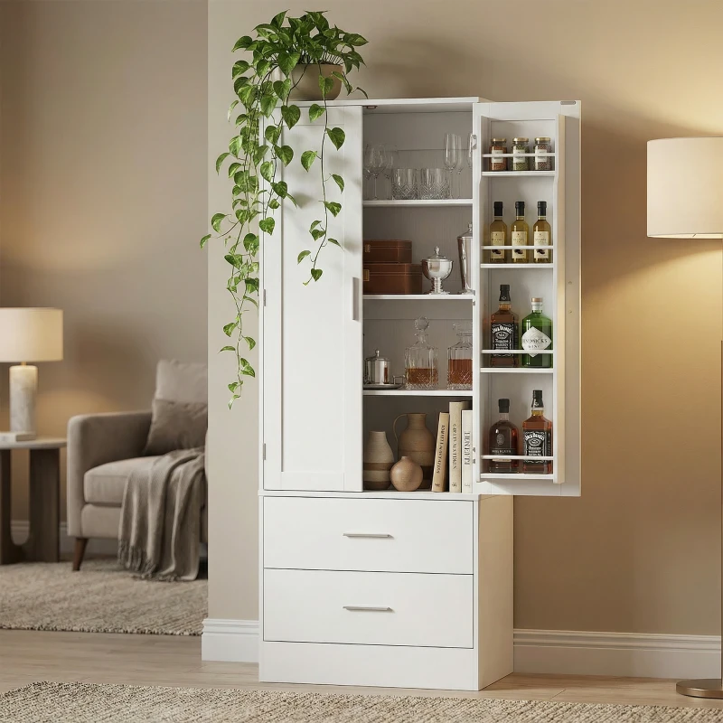 HOMCOM Szafka kuchenna Bufet z 2 drzwiami, 8 półkami drzwiowymi, 2 szufladami, Wysoki szafka z regulowanymi półkami, Nowoczesny schowek na zapasy do salonu, Biały, 60 x 40 x 159 cm