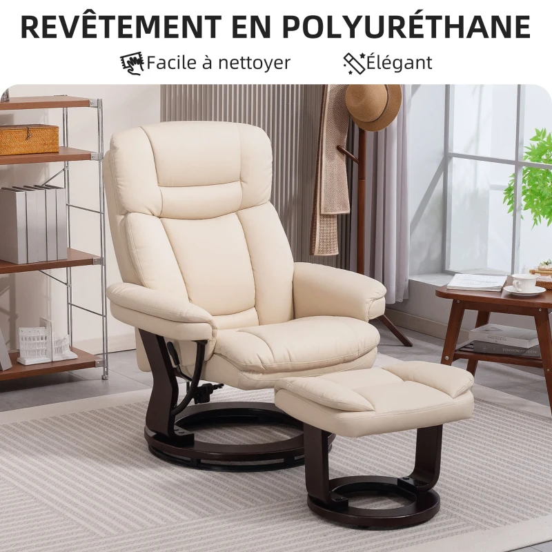 HOMCOM Fauteuil salon avec repose-pieds, chaise pivotante en PU, dossier inclinable, assise rembourrée, 86 x 83 x 107 cm, crème