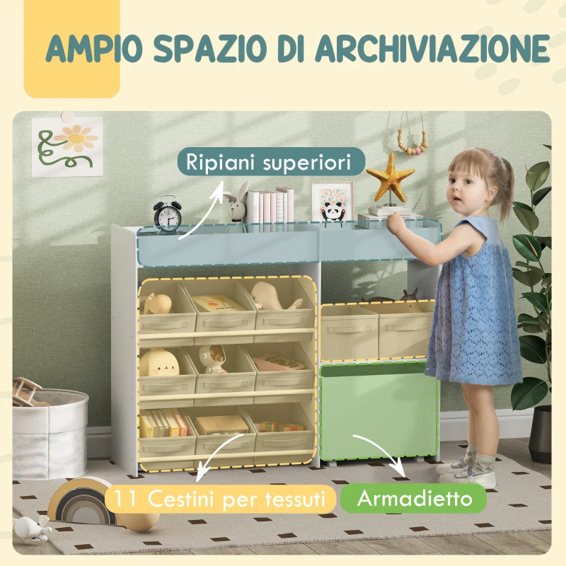 AIYAPLAY Mobile Portagiochi per Bambini con 11 Cestini in Tessuto, Armadietto e Ripiani, 105x30x80 cm, Bianco