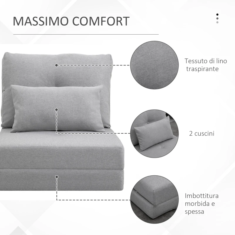 HOMCOM Poltrona Letto 3 in 1 Convertibile in Chaise Longue e Divano da Terra con 2 Cuscini, Grigio Chiaro