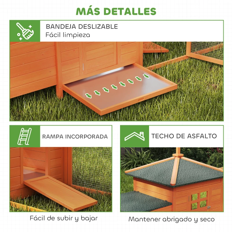 PawHut Gallinero de Madera Exterior Jaula para Gallinas con Nidos Corral Bandeja Extraíble Tapa Abatible 196x76x97 cm Naranja