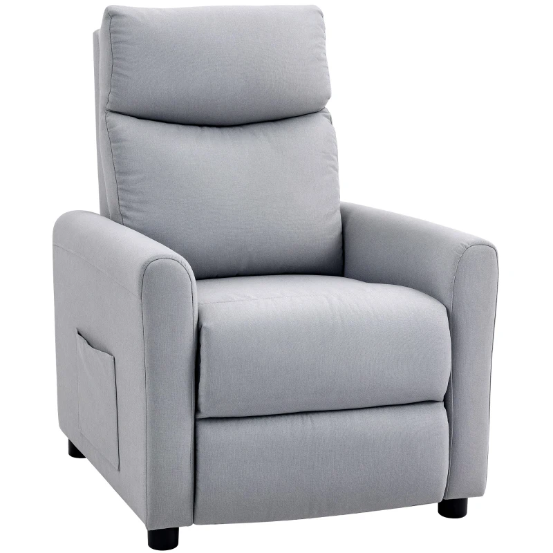 HOMCOM Poltrona Reclinabile 145° max in Tessuto Effetto Lino, Schiuma, Acciaio e Legno, 73x86x100 cm, Grigio Chiaro