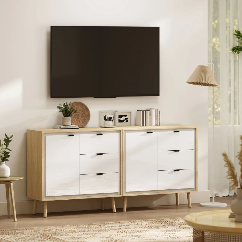 HOMCOM Credenza Moderna con 3 Cassetti e Armadietto, Ripiano Interno Regolabile e Ante Lucide, Bianco e Rovere