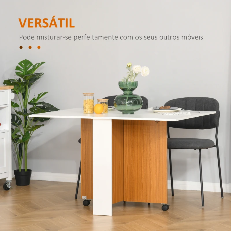HOMCOM Mesa de Sala de Jantar Dobrável com Rodas Mesa Multifuncional para Sala de Jantar 120x80x73cm Branco e Teca