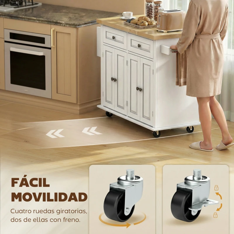 HOMCOM Isla de Cocina con Ruedas Mueble Auxiliar de Cocina con Especiero y Barra Lateral 111x44,5x82,5 cm Blanco