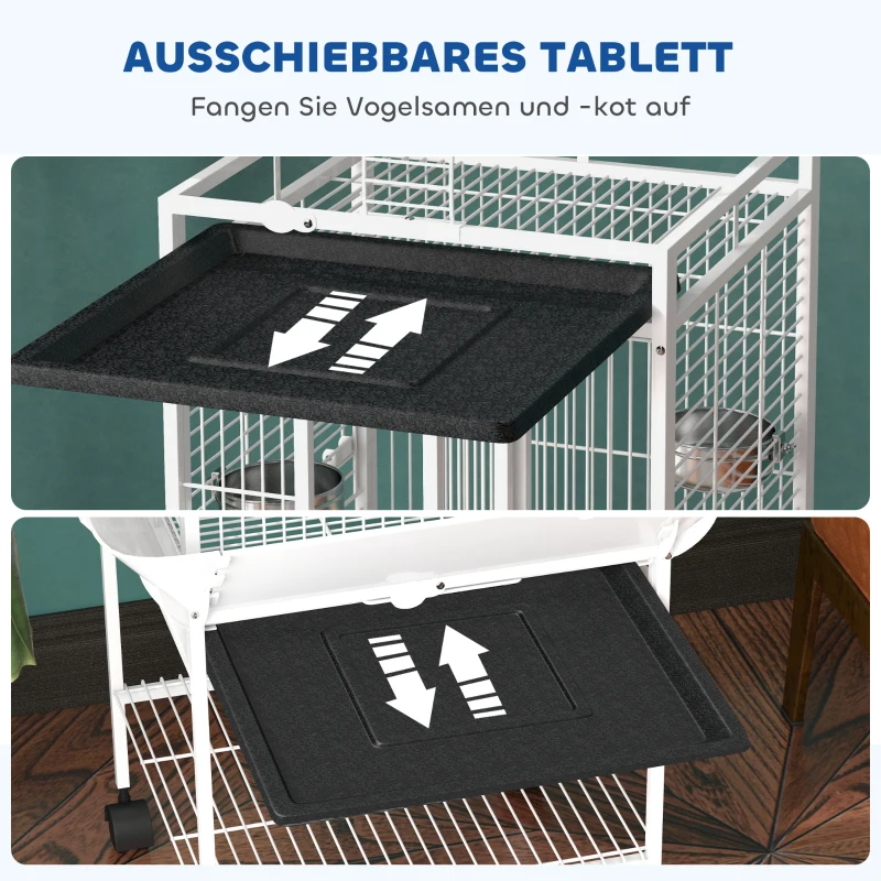 PawHut Vogelkäfig, Papageienkäfig mit 3 Türen, 2 Sitzstange, 360° Rollen, Futternapf, Ablage, Freisitz, 62,5x62,5x156cm, Weiß