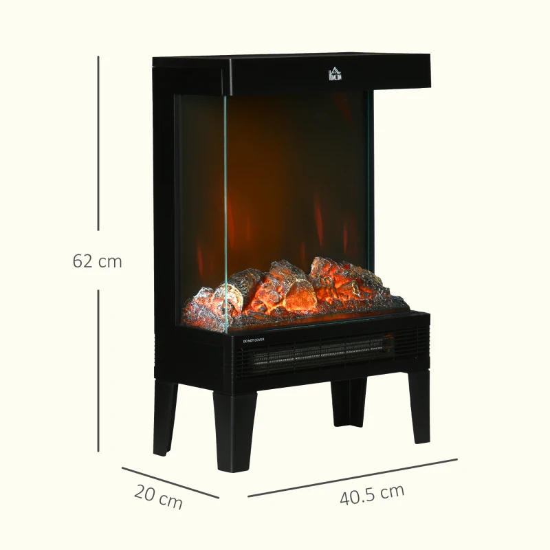 HOMCOM Camino Elettrico 1000W / 2000W con Fiamma LED Realistica e Controllo Temperatura, 40.5x20x62 cm, Nero