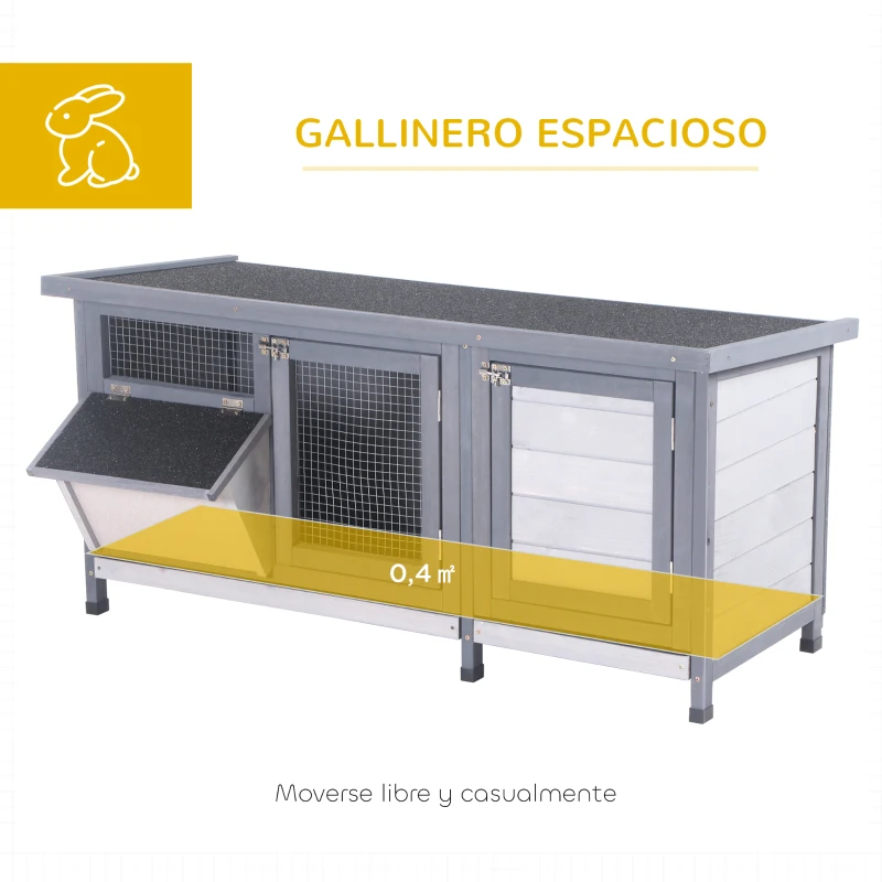 PawHut Jaula para Conejos con Techo Asfáltico Abatible Puertas con Pestillo Bandejas Extraíbles y Comedero 112x50x54 cm Gris