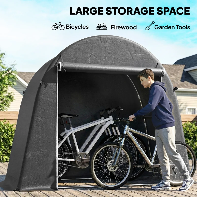 Outsunny 8 x 4 ft Garden Storage Tent, Waterproof Bike Tent with Roll-up Zipper Door and Galvanised Metal Frame, Dark Grey