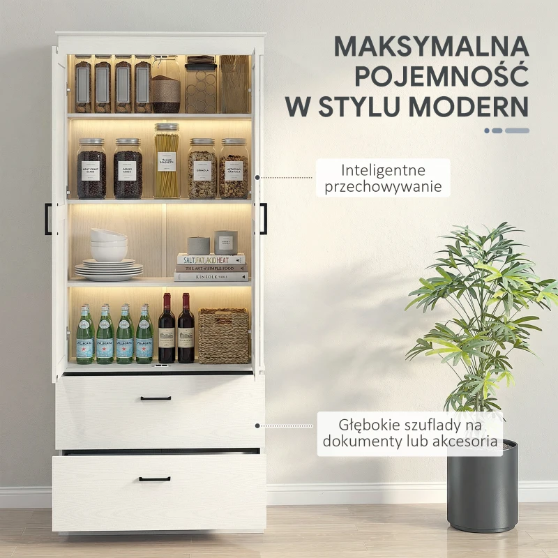 Szafka kuchenna, wysoka, regulowane półki, 2 szuflady, kremowa