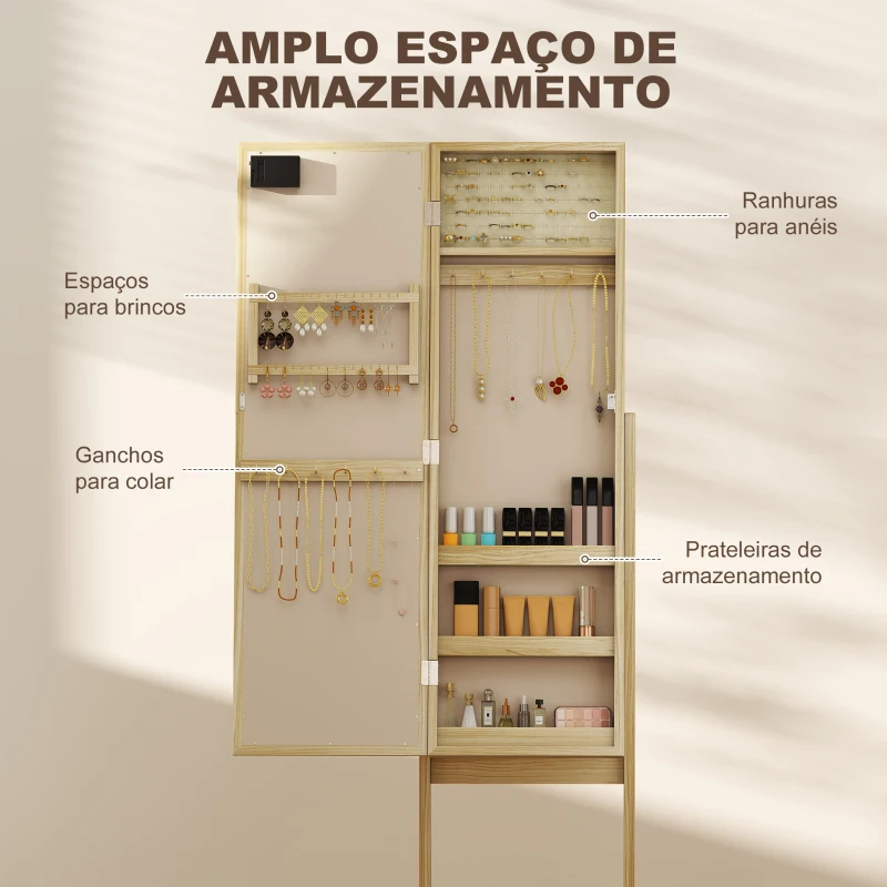 HOMCOM Espelho Joalheiro com Luzes LED Armário para Joias com Ângulo Ajustável Prateleiras Ranuras para Anéis 36x30x136 cm Madeira