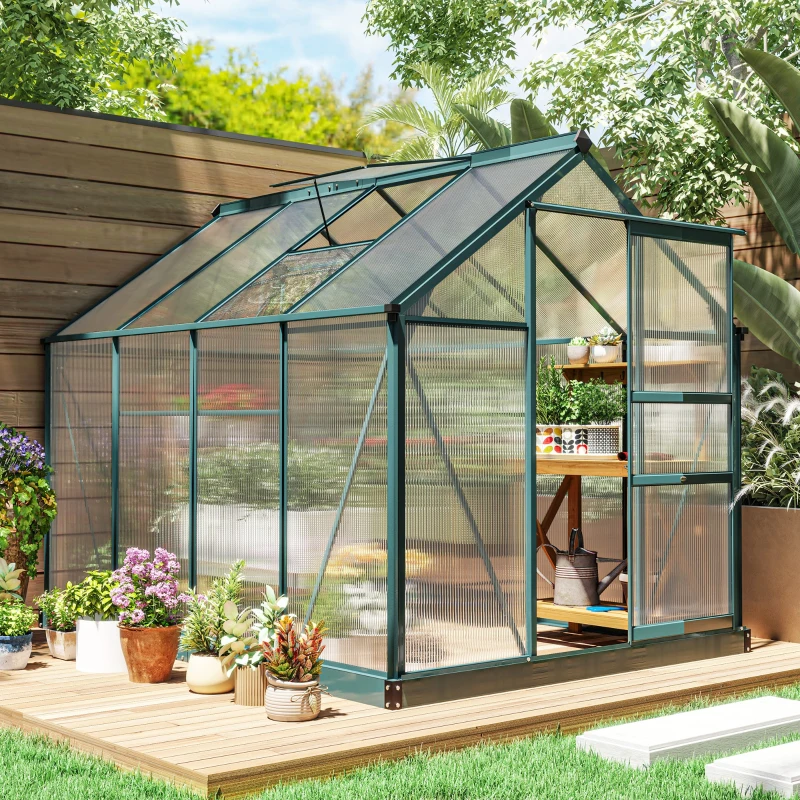 Outsunny kas met polycarbonaat behuizing en dakklep, 190x 252 x 201 cm(m-10)