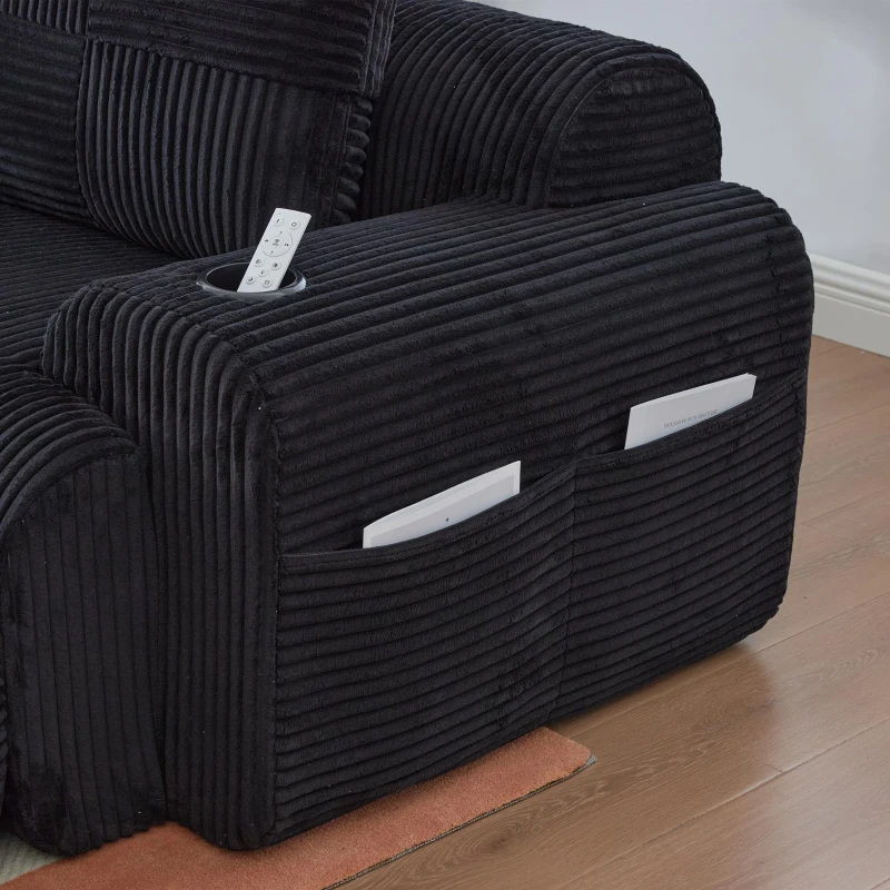 Modulares 2-Sitzer-Cordsofa, mit Getränkehalter und Seitentasche, 200 x 99 x 80 cm, Schwarz