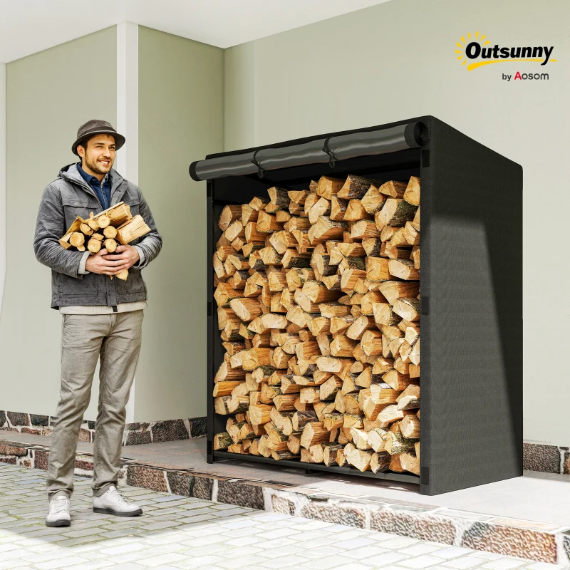 Outsunny Log rack, steel wood storage, fabric cover, 300 kg load capacity, 140 x 70 x 154 cm, black