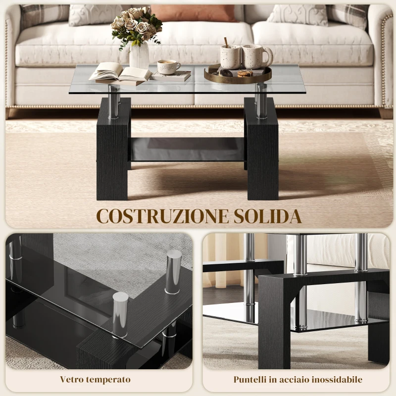 HOMCOM Tavolino da Caffè Moderno a 2 Livelli in Legno e Acciaio con Piano in Vetro Temperato, 90x50x42 cm, Nero
