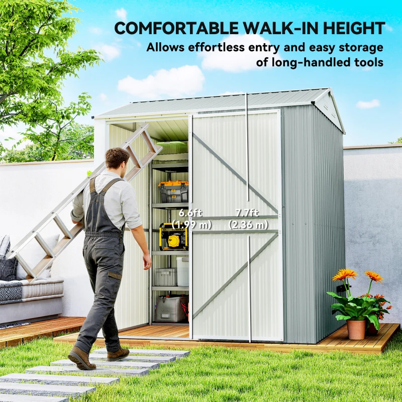 Outsunny Metalowy Domek Ogrodowy 3,5 m², Wysoki Zamykany Schowek z Pochyłym Dachem, Wentylacją i Rękawicami, 209 x 177 x 236 cm