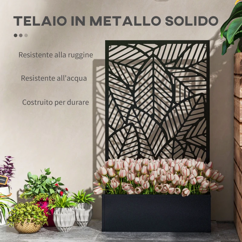 Outsunny Fioriera Rialzata con Spalliera Decorativa per Rampicanti da Terra e Parete in Metallo, 61x23x113 cm, Nero