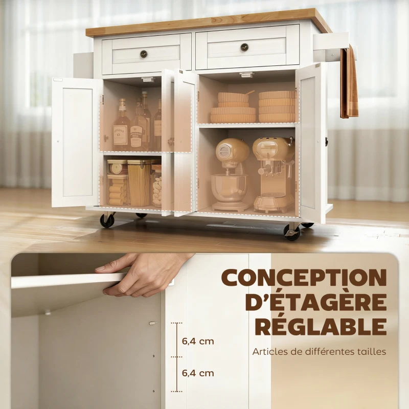 HOMCOM Desserte ilôt de cuisine multi rangements 2 tiroirs 2 placard 2 portes avec étagère range-bouteille porte-torchons et étagère réglable MDF blanc hévéa