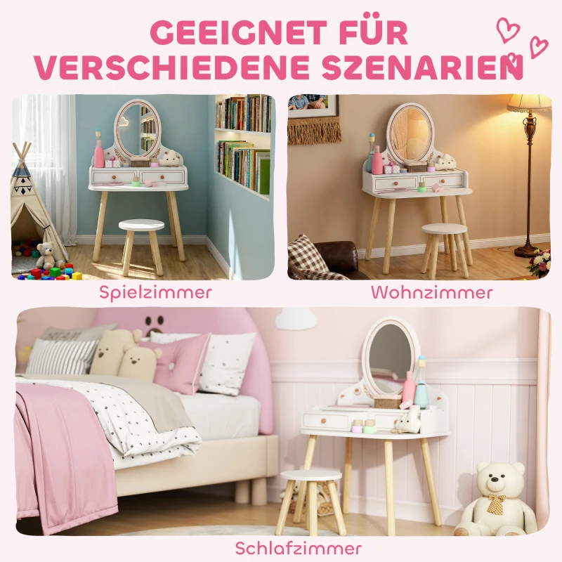 AIYAPLAY Kinder Schminktisch Set Frisiertisch mit Hocker Spiegel Schubladen Kleiderstangen für 3-8 Jahre 56 x 38 x 87,8 cm Weiß