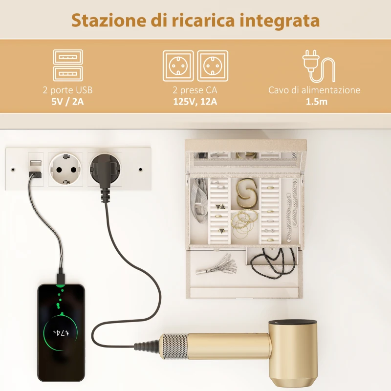 HOMCOM Toeletta da Camera con Specchio e Luci LED Regolabili, 6 Cassetti, 2 Ripiani e Prese Elettriche, Bianco