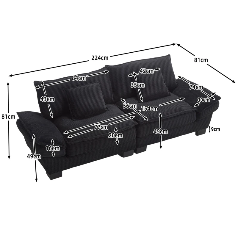 Modernes 2-Sitzer-Stoffsofa, für Wohnzimmer/Schlafzimmer/Büro, 224 x 81 x 81 cm, Schwarz