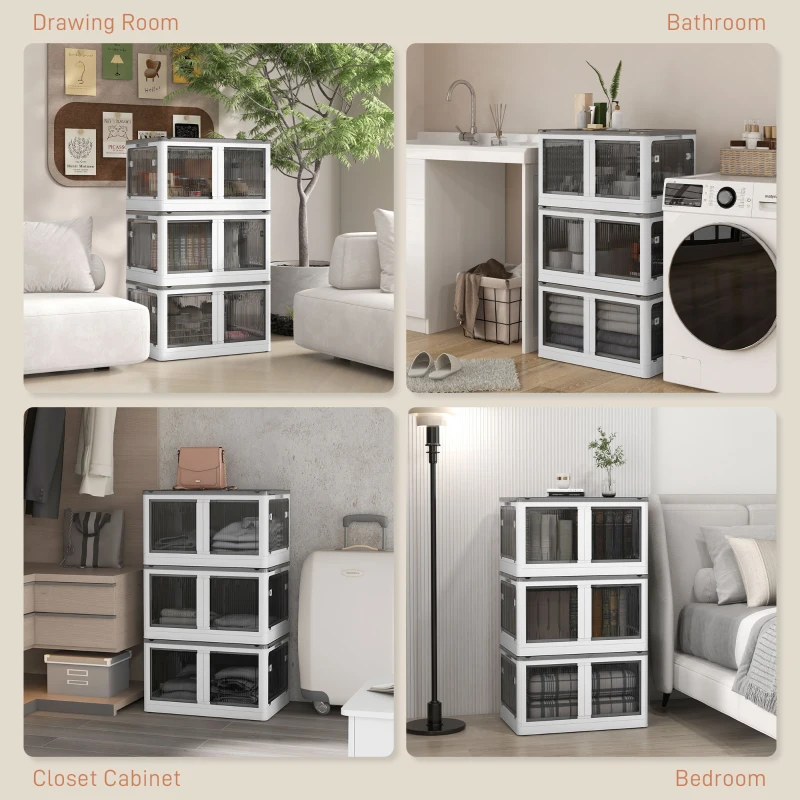 HOMCOM Stackable Storage Bins with Lids, 3 Packs Collapsible Storage Bins, Foldable Storage Box on Wheels with 5-sided Access, Plastic Storage Container with Doors, 69L, White