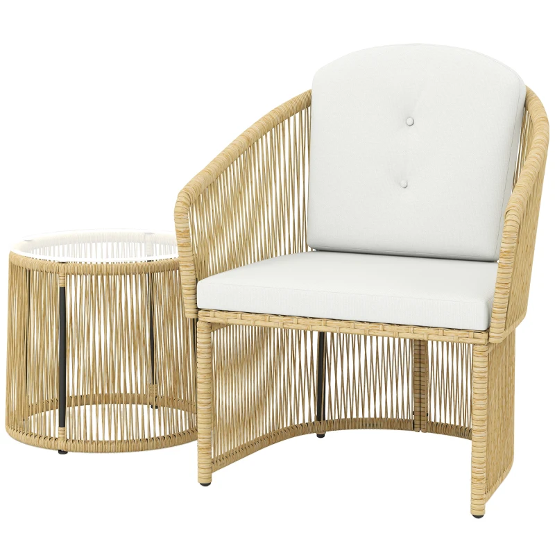 Outsunny Rattan-Bistro-Set, 3-teiliges Gartenmöbel-Set mit rundem Glastisch, Sesseln und Kissen, Cremeweiß