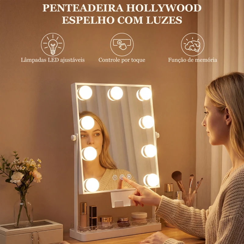 HOMCOM Espelho de Maquilhagem com Luz 9 Lâmpadas LED 3 Cores Interruptor Tátil Suporte para Telemóvel Branco