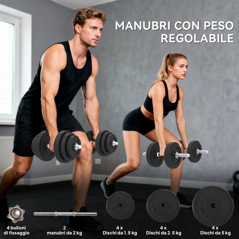 HOMCOM Set 2 Manubri Regolabili da 40 kg Totali con 12 Dischi e Impugnatura Antiscivolo, in Acciaio e Plastica, Nero
