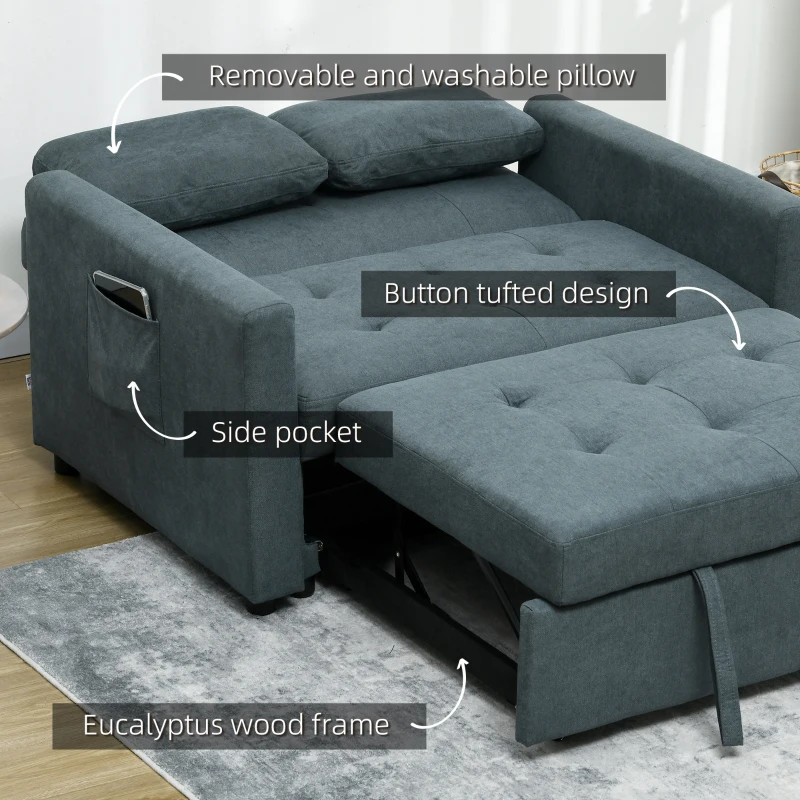 HOMCOM Loveseat Sofa Bed, Convertible Bed Settee with 2 Cushions, Side Pockets for Living Room, Dark Grey